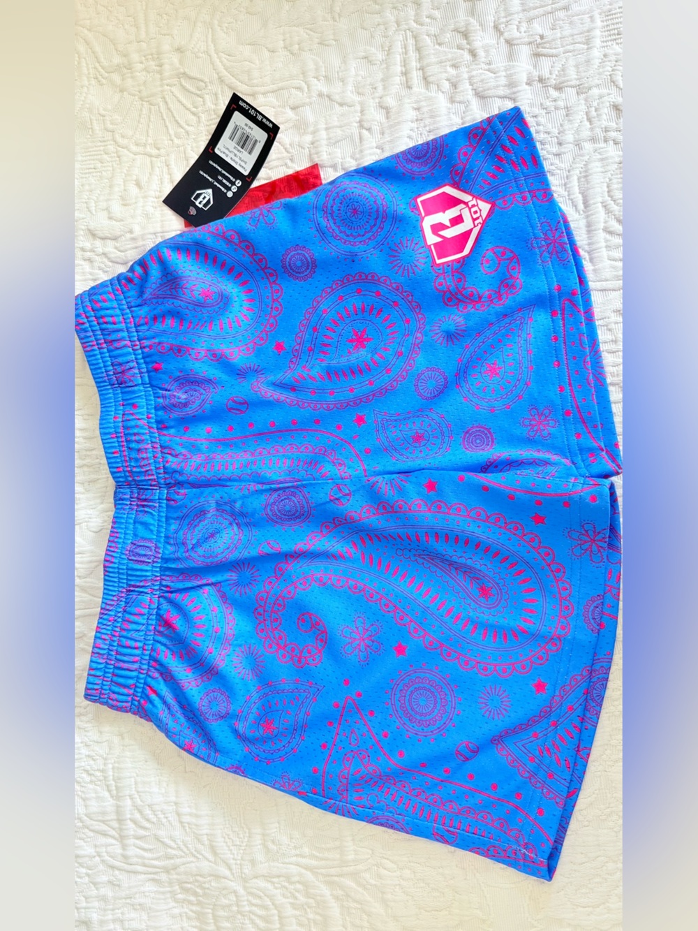 NWT Youth Baseball Lifestyle 101 Blue Paisley Athletic Shorts with Pink Accents